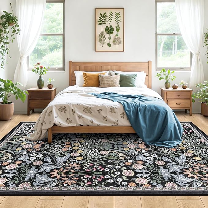 PLHXFR Area Rug 10x14 Living Room: Floral Washable Boho Carpet Dark Black | - Image 3