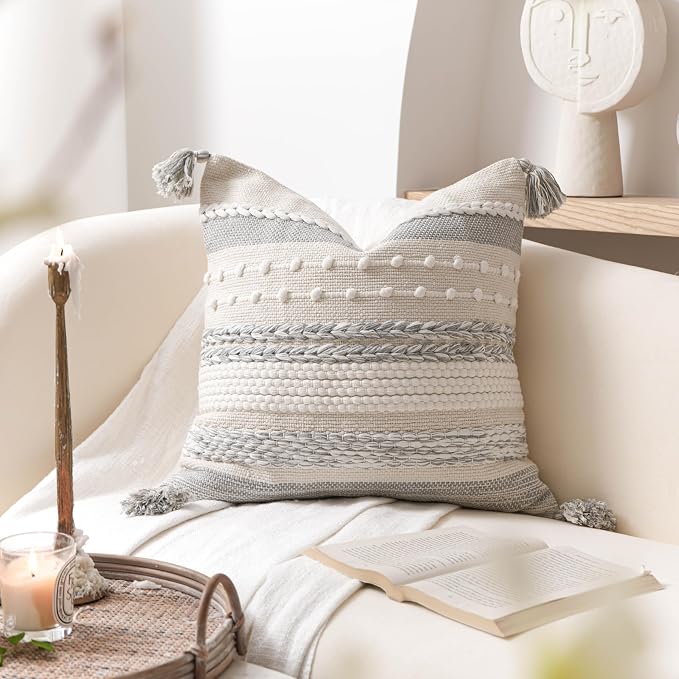 Gray Boho Decorative Throw Pillow Cover 22x22 Square Farmhouse Accent Cushion - Image 6