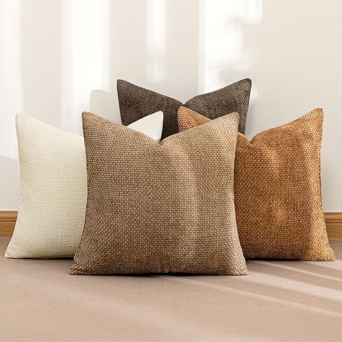 MIULEE Decorative Chenille Fall Euro Pillow Covers Brown 22x22 Pack of 4 | - Image 2