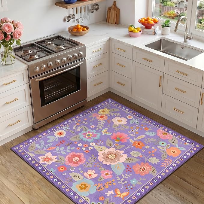 RELEANY Floral Washable Square 5ft Area Rug Purple/Pink | Flower Carpet Print - Image 6
