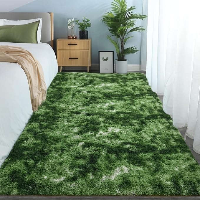 Fluffy Moss Green Rugs for Living Room 5x8, Modern Bedside Forest Carpets | - Image 3