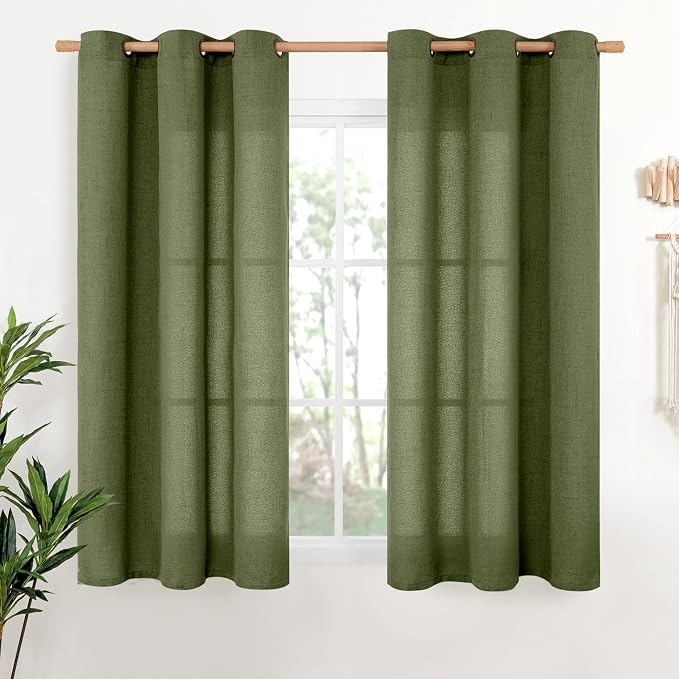 Olive Linen Semi Sheer Curtains 48 Inch Length 2 Panels Light Filtering | Dark by YoungsTex