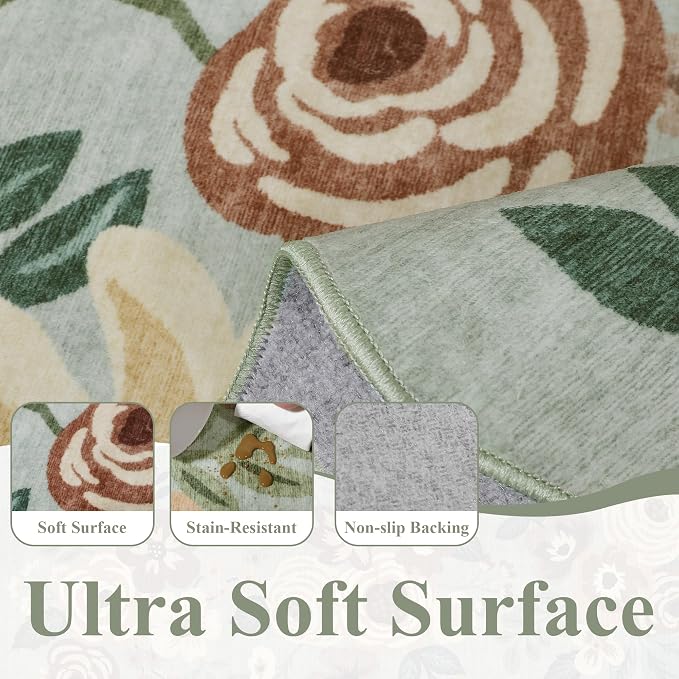 DUKINO 2x8 Washable Runner Rug, Floral Non Slip Kitchen Rugs, Sage Green | Low - Image 6