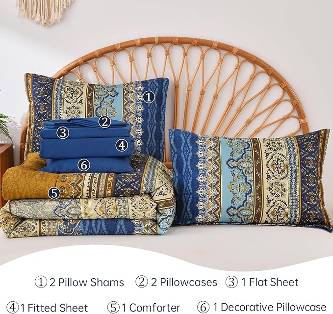 Cottolester Boho Queen Comforter Set 8 Pieces,Brown Blue Bohemian Comforter Paisley Striped Bed in A Bag,Soft Microfiber Bedding Set for All Season