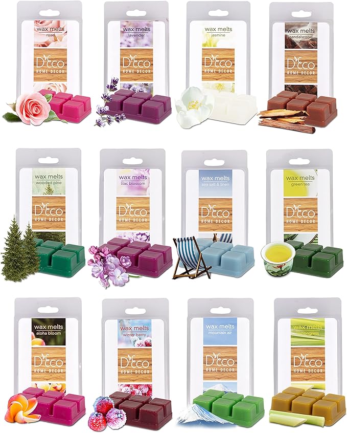 D'Eco Floral Scented Wax Melts - 12 Ct Variety Pack Home Fragrances- Long Lasting Scented Tarts for Warmers- Rose, Pine, Winter Berry, Lavender, Linen, & Nature Scents- Holiday Xmas Must Have Gift Set