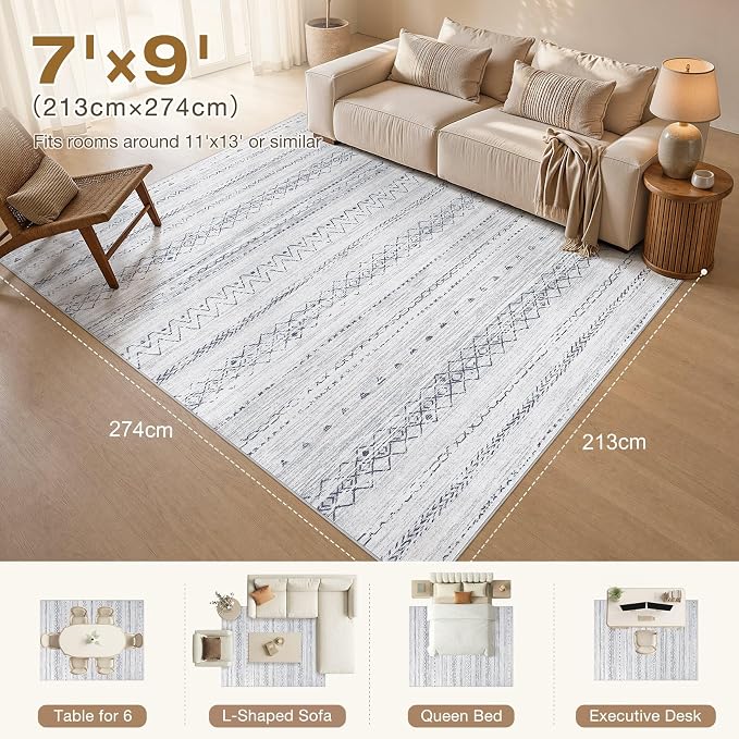 cotiled Boho 7x9 Area Rug for Living Room: Large Moroccan Washable Rug | Stain - Image 2