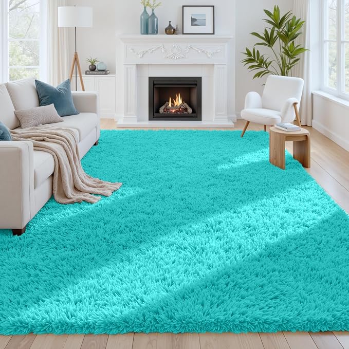 8x10 Fluffy Shag Area Rugs for Living Room Bedroom: Soft Carpet Teal Blue | by CarpetAddColortoYourLife