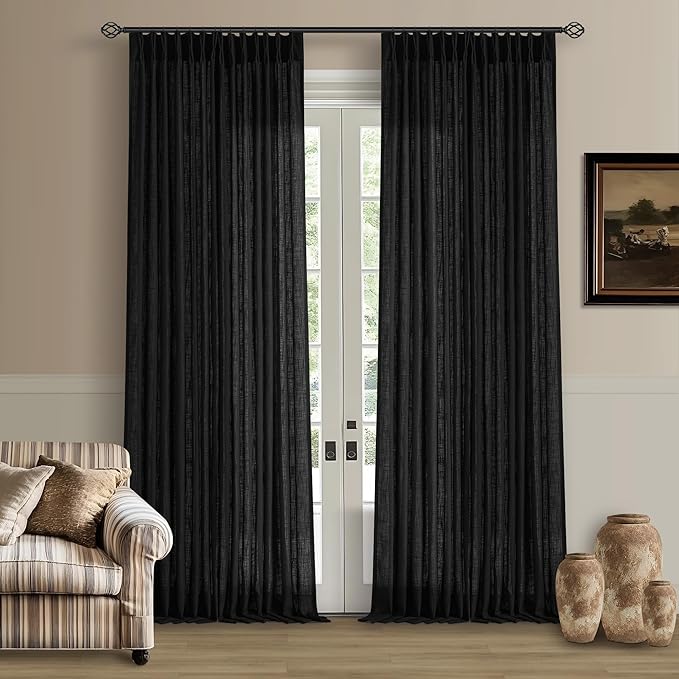 Black Pinch Pleated Linen Semi Sheer 108 Inch Curtains 2 Panels | Light by Twodrapes