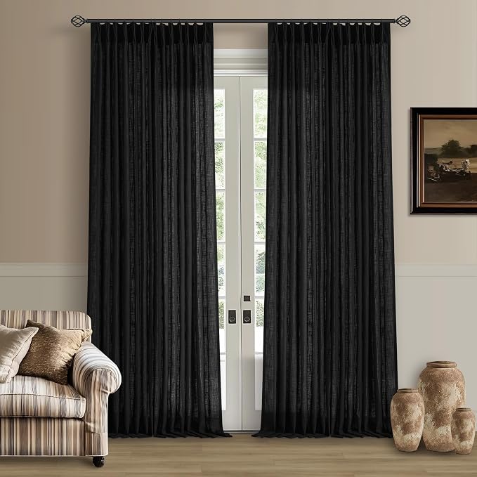 Black Pinch Pleated Linen Semi Sheer 120 Inch Curtains 2 Panels | Light by Twodrapes