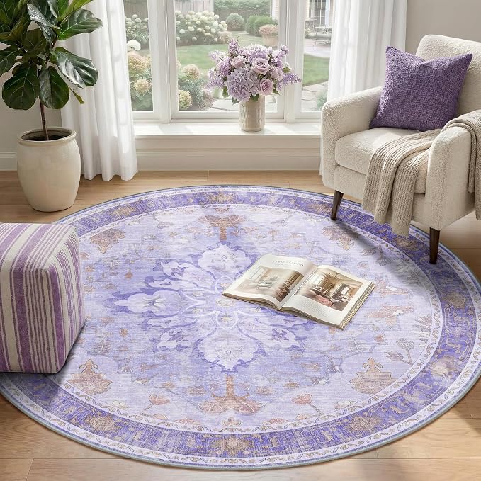 RELEANY Washable Area Rug, Round 4ft, Water Repellent, Pet Friendly, Vintage - Image 2