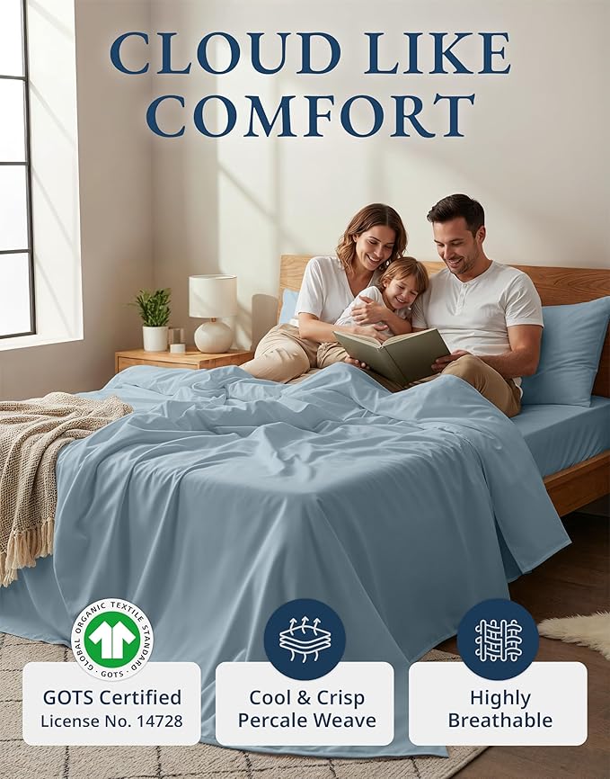 LANE LINEN 100% Organic Cotton Eco Friendly Sustainably Produced Queen Sheets Set, Low Pill Fade Resistant Machine Wash Fully Elasticized Cotton Bedding Queen Set- French Blue