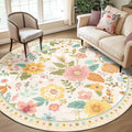 RELEANY Floral Washable Round 8ft Area Rug Beige/White/Orange | Flower Carpet by RELEANY