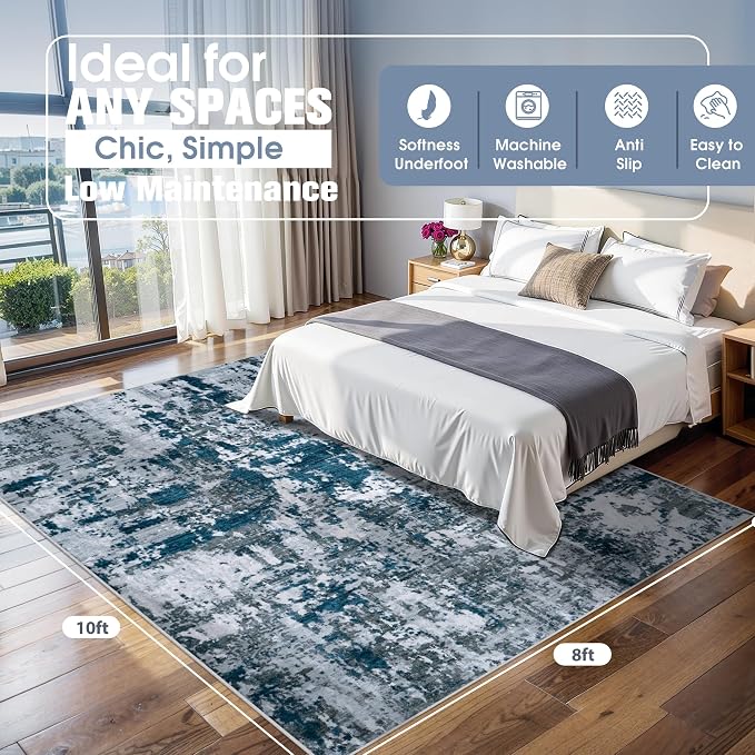 8x10 Area Rugs for Living Room Washable Bedroom Dining Room Navy Grey | Modern - Image 2