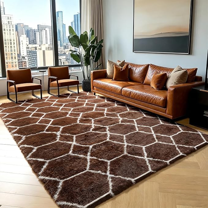 5x7 Area Rugs for Living Room Bedroom, Fluffy Brown and White Geometric Rug | by ONASAR