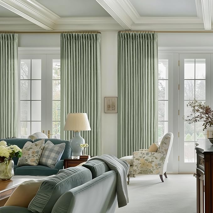 Sage Green Pinch Pleat Semi Sheer Linen Curtains 108 Inches Long 2 Panels | - Image 6
