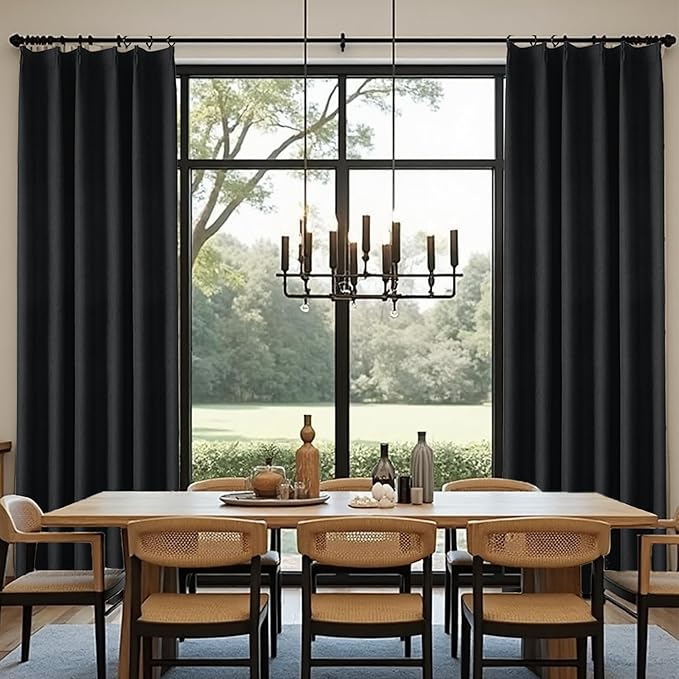 KangBang 100% Blackout Pinch Pleat Linen Curtains 105 Inches Long, Extra Long Pleated Drapes with Hooks, Soft Thick Linen Curtain Panels for Sliding Door Modern Farmhouse,60x105, Black,2 PCs