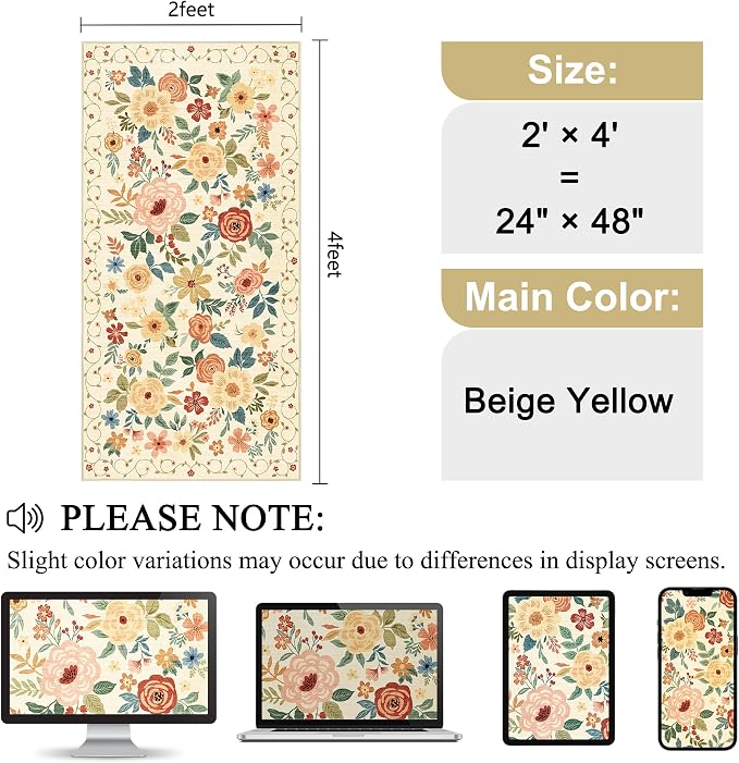 DUKINO 2x4 Entryway Rug, Floral Washable Kitchen Rugs Non Slip Beige Yellow | - Image 2