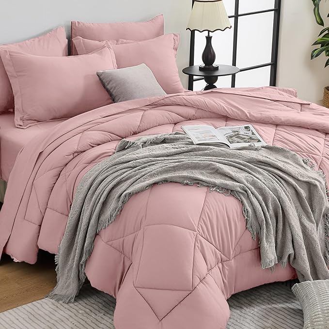 HEVUMYI Rose Gold Full Comforter Set - 7-Piece All Season Bed in a Bag Full, Ultra Soft Bedding Set with Comforter, Flat Sheet, Fitted Sheet, Pillowcases, Pillow Shams