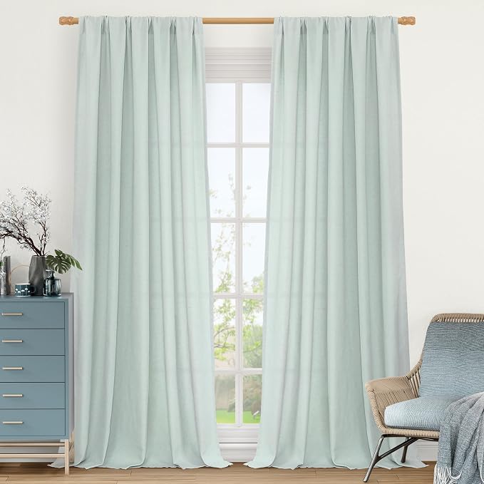 Linen Sheer Curtains 84 inch for Living Room, Light Blue, 2 Panels | Light by LAMIT