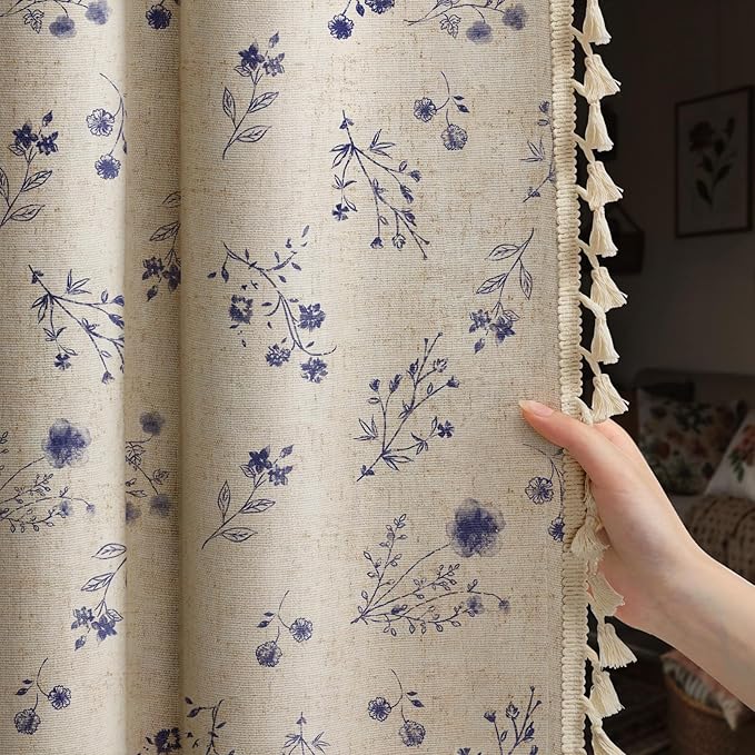 Boho Floral 100% Blackout Curtains 84 Inch 2 Panels Dark Blue | Farmhouse by Unknown