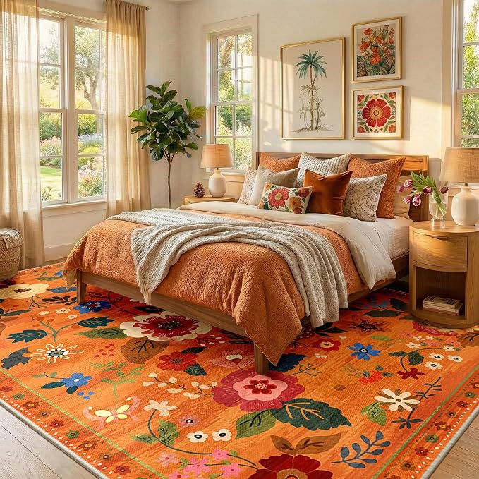 RELEANY Floral Washable 9x12 Area Rugs BurntOrange | Flower Carpet Print Boho - Image 6