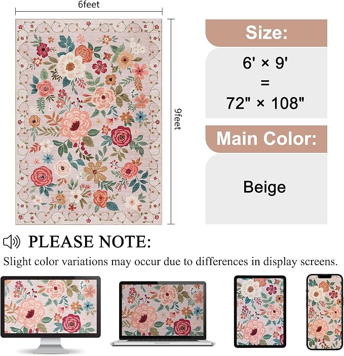 DUKINO 6x9 Area Rugs, Floral Washable Rug - Image 2