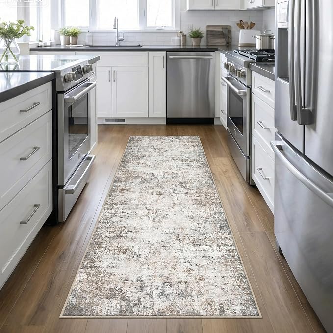 3x10 Washable Runner Rug：Modern Abstract Kitchen Soft Carpet Brown | by FXRHLP