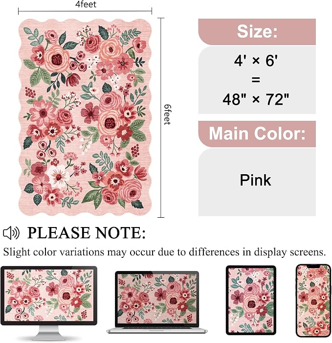 DUKINO 4x6 Area Rug, Non Slip Floral Washable Rug - Image 2