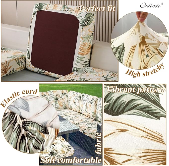 CALBODE 8Pcs Stretch Patio Cushion Cover, Tropical Floral and Leaf Pattern Sofa - Image 4