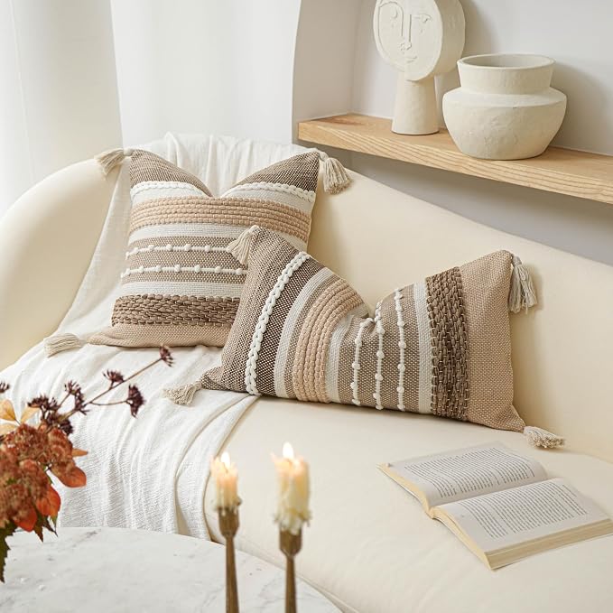 Brown Decorative Throw Pillow Cover 18x18 Square Boho Accent Pillowcase Tassels - Image 5
