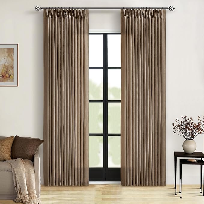 Brown 80 Inch Light Filtering Pinch Pleated Linen Curtains 2 Panels Set | Semi - Image 9