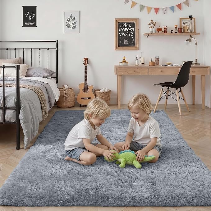 Area Rug Living Room Bedroom: 5x7 Fluffy Plush Shag Carpet Gray | - Image 7