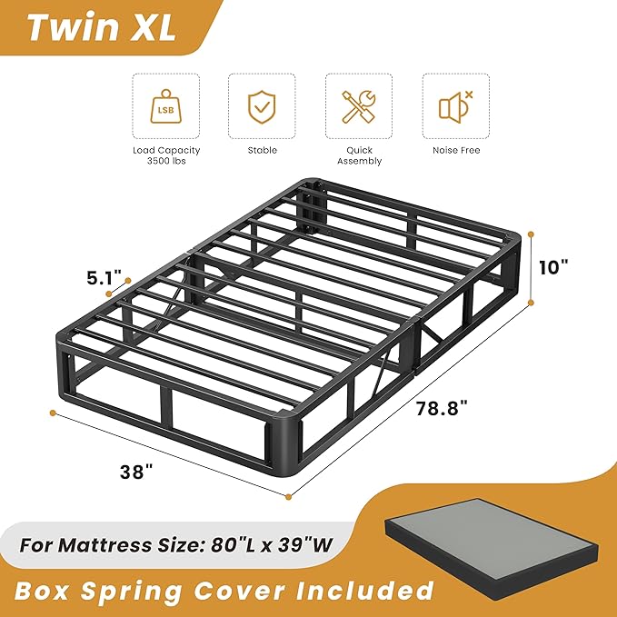 MAF Twin XL Box Spring and Cover Set, 10 Inch High Profile Metal BoxSpring 3500 lbs Black Heavy Duty Metal Mattress Foundation with Easy Clean Fabric Cover, Easy Assembly