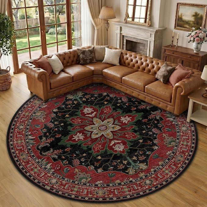 RELEANY Washable Area Rug, Round 10ft, Water Repellent, Pet Friendly, Vintage by RELEANY