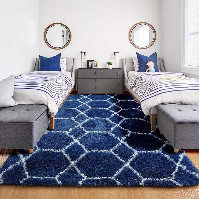Area Rugs for Boys Bedroom Living Room, 4x6 Fluffy Navy Blue and White Rug | - Image 8