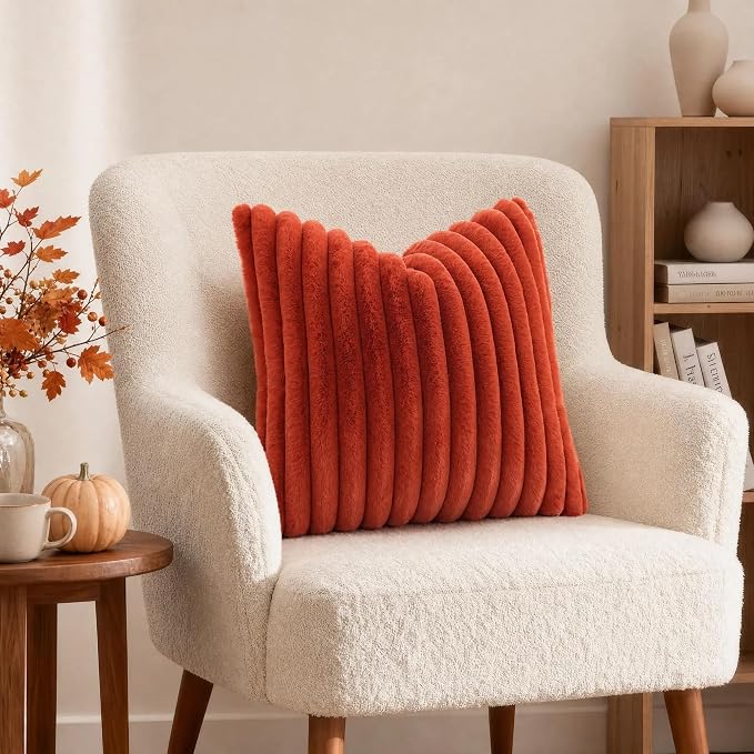 decorUhome Fall Faux Fur Throw Pillow Covers 22x22 Set of 2 Rust | Decorative - Image 4