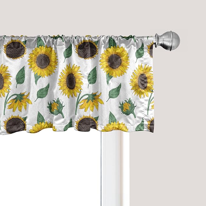 Ambesonne Sunflower Window Valance Pack of 2, Agricultural Pattern Botanical Inspiration Hand-Drawn Flowers, Rod Pocket Curtain Valances for Kitchen Bedroom, 54" X 18", Reseda Green Dark Brown
