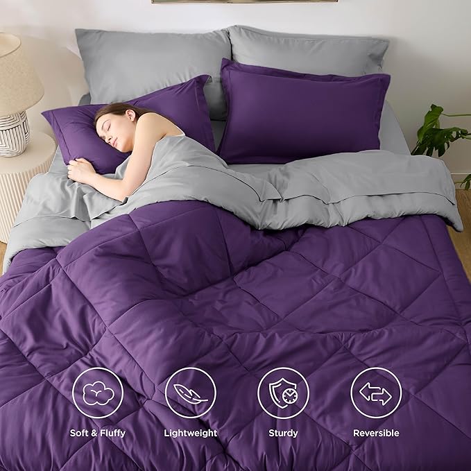 Bedsure Full Size Comforter Set - 7 Pieces Reversible Purple Bedding, Full Size Bed Set for All Seasons, Bed in a Bag with Down Alternative Comforter, Sheets, Pillowcases & Shams