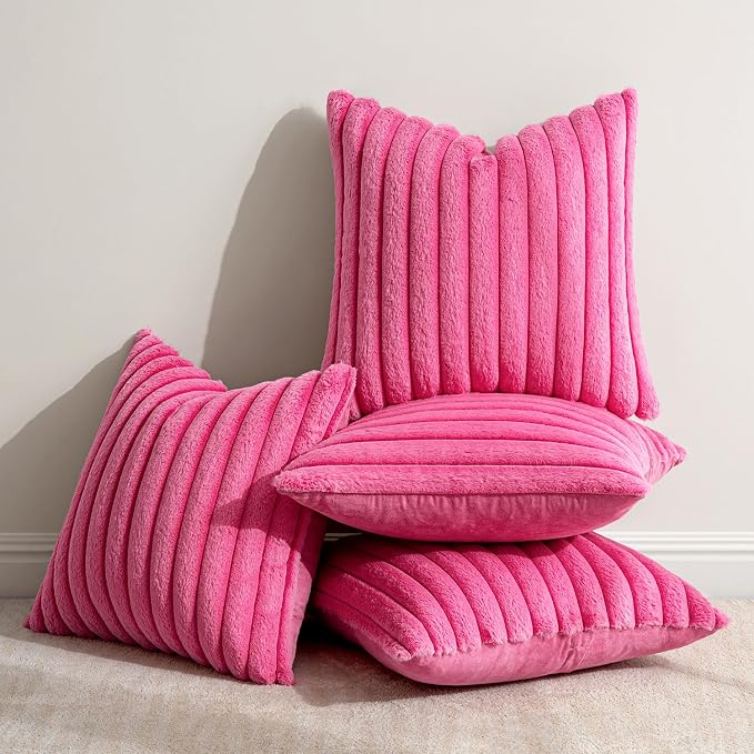 MIULEE Faux Fur Plush Decorative Throw Pillow Covers 18x18, Hot Pink | Set of 4 - Image 3
