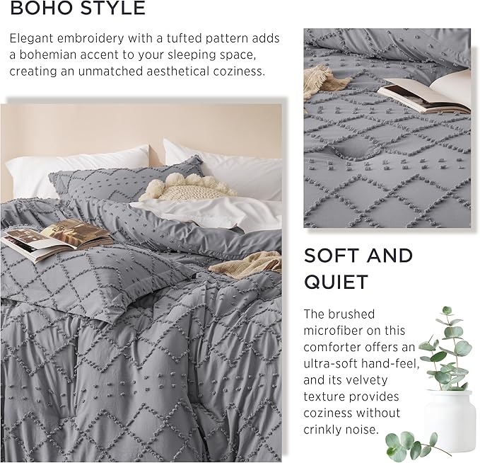 Bedsure King Comforter Set - Grey Comforter, Boho Tufted Shabby Chic Bedding for Kids, 3 Pieces Vintage Farmhouse Bed Set for All Seasons, Fluffy Soft Bedding with 2 Pillow Shams