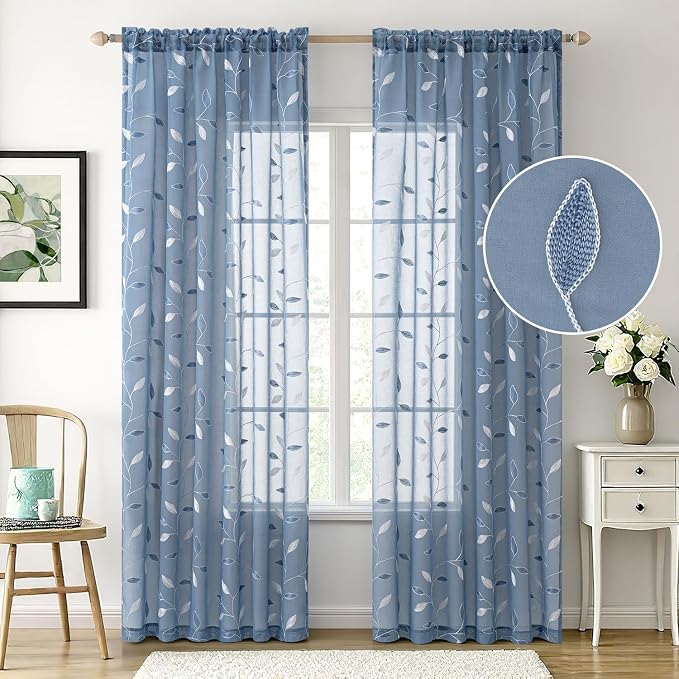 MIULEE Dusty Blue Sheer Curtains 2 Panels Leaf Patterned, W52 x L84 | - Image 2