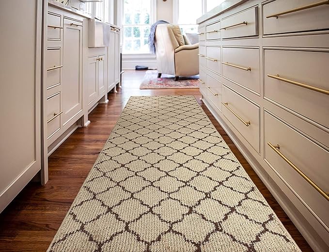 Custom Size Modern Runner Rug Carpet for Hallway Entryway Foyer Kitchen, Slip Resistant Latex Rubber Backed 31 inch Wide X Customized Length, Trellis Beige, 31 inch X 18 feet