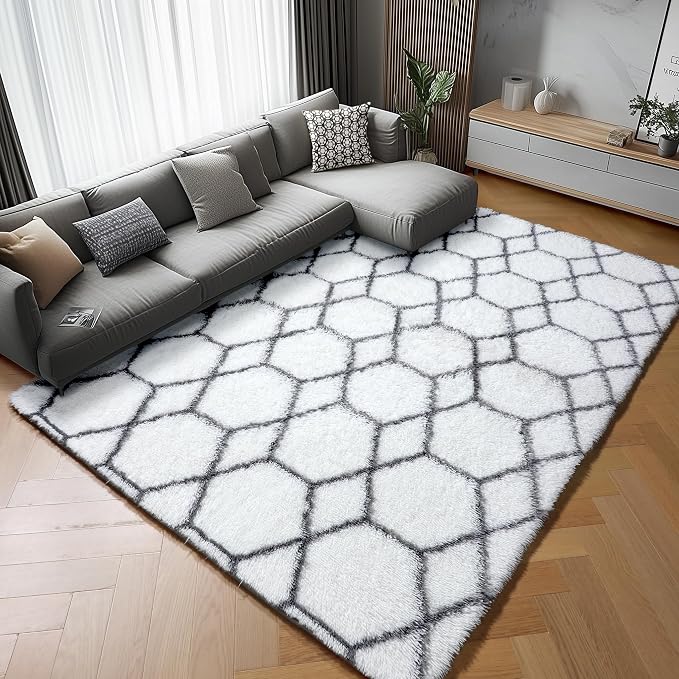 5x7 Area Rugs for Living Room Bedroom, Fluffy White and Grey Geometric Rug | by ONASAR