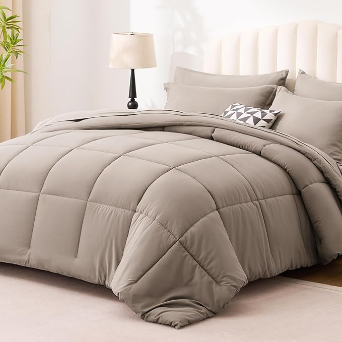 Love's cabin Queen Comforter Set Light Brown, 7 Pieces Queen Bed in a Bag, All Season Bedding Sets with 1 Comforter, 1 Flat Sheet, 1 Fitted Sheet, 2 Pillowcase and 2 Pillow Sham