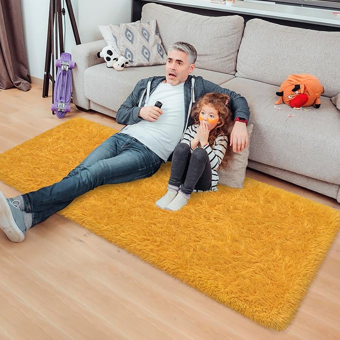 Beige Yellow Runner Rug for Bedroom 2x5ft Fluffy Area Rug Bedside Runner - Image 3
