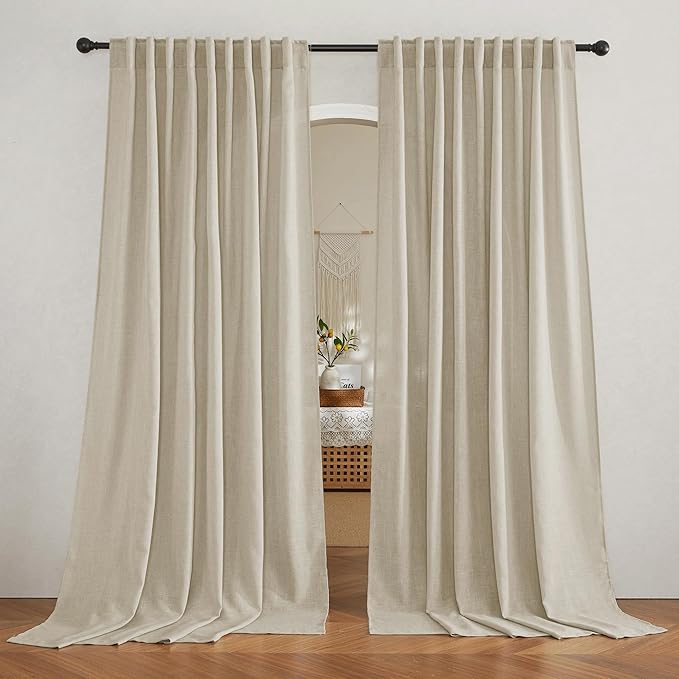 RYB HOME Linen Look Sheer Curtains 70 inch Wide, Privacy Light Filtering Panels Elegant Home Decoration Airy Window Treatment for Sun Room Beach Pool House, Beige, W 70 x L 108 inch Long, 1 Pair