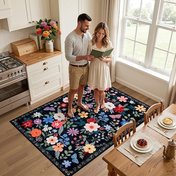 PLHXFR Area Rug Living Room: 3x5 Floral Washable Boho Soft Carpet Black | - Image 3