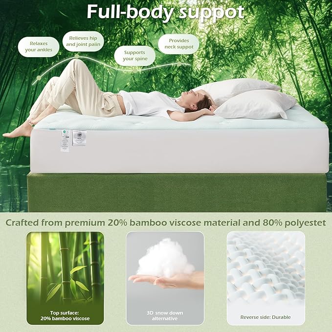 Hansleep Twin Mattress Topper Viscose Derived from Bamboo, Memory Foam Pillow Top Mattress Topper Twin with Deep Pocket, Breathable Mattress Pad for Back Pain Relief, 39" x 75", White