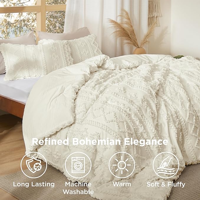 Bedsure Tufted Boho Comforter Set Queen Size - Ivory Boho Bed Set, GentleSoft™ 3 Pieces Farmhouse Shabby Chic Embroidery Bedding, Gifts for Woman, Soft Jacquard Queen Comforter for All Seasons