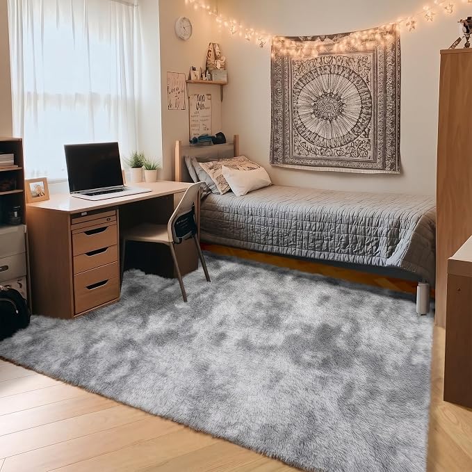 Area Rugs for Bedroom Living Room, 4x6 Tie-Dyed Light Grey Fluffy Shaggy - Image 5